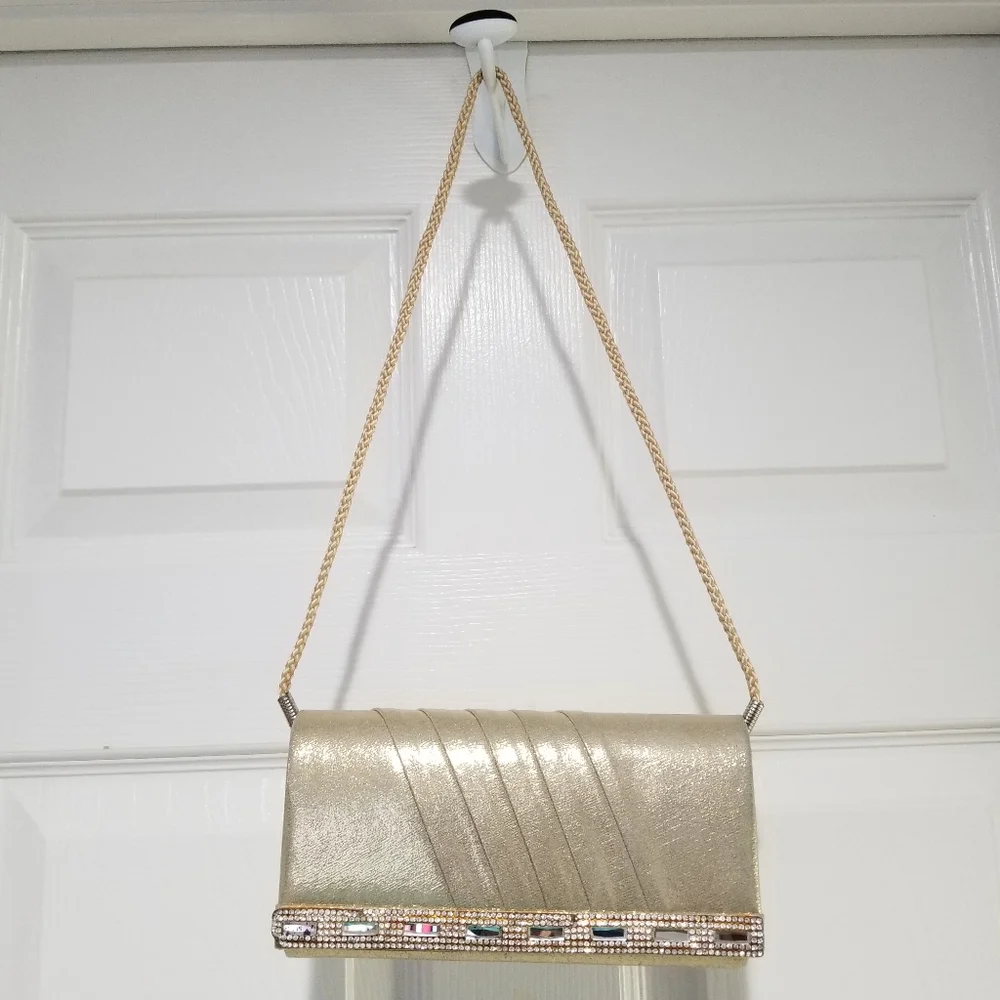 Gold & Rhinestone Fabric Pleated Fold Over Magnet Closure Clutch Removable Strap